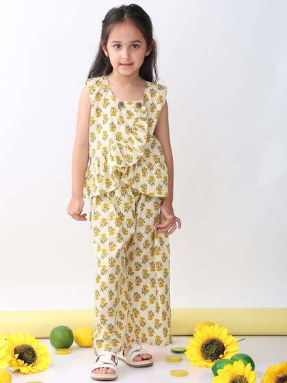 Sangria Girls Printed
                    Round Neck Pure Cotton Top With Palazzo