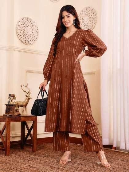 Varanga Striped
                        V-Neck A-Line Kurta With Trousers