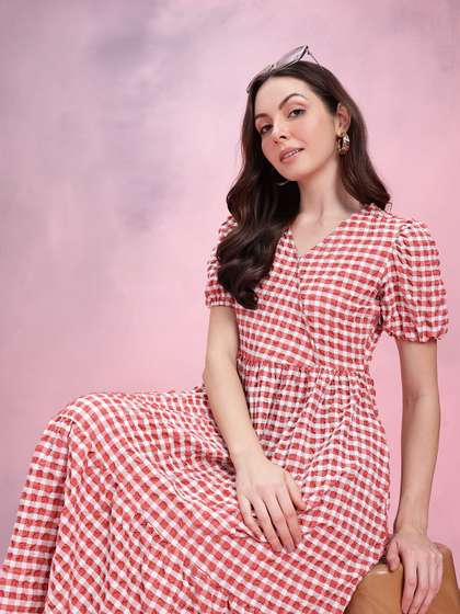 DressBerry Crinkled
                        Checked Puff Sleeve Fit & Flare Midi Dress