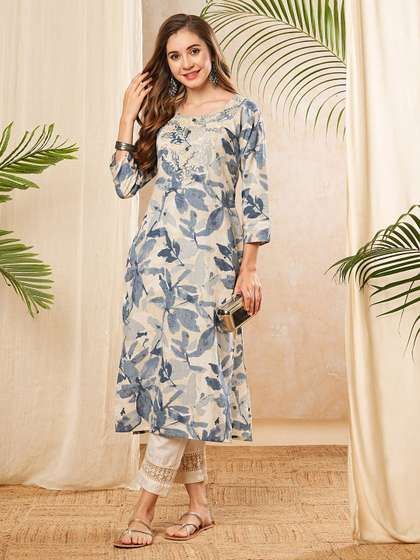 PHYSIL Floral
                          Printed Round Neck Thread Work Straight Cotton
                          Kurta