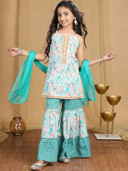 Cutiekins Girls Floral
                      Printed Regular Gotta Patti Kurta with Sharara
                      & With Dupatta