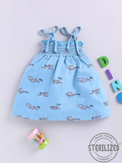 YK X Tinyo Dinosaur
                    Print Smocked Cotton Fit & Flare Dress