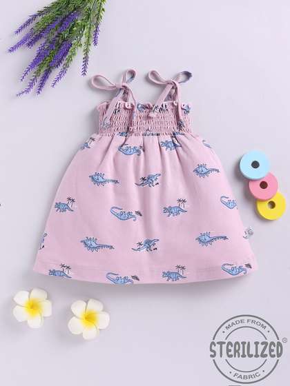YK X Tinyo Dinosaur
                    Print Smocked Cotton Fit & Flare Dress