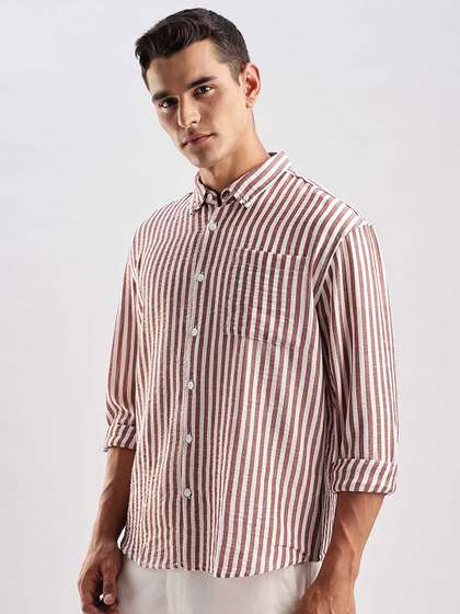 HERE&NOW
                          Relaxed Fit Striped Button-Down Collar Linen
                          Blend Casual Shirt