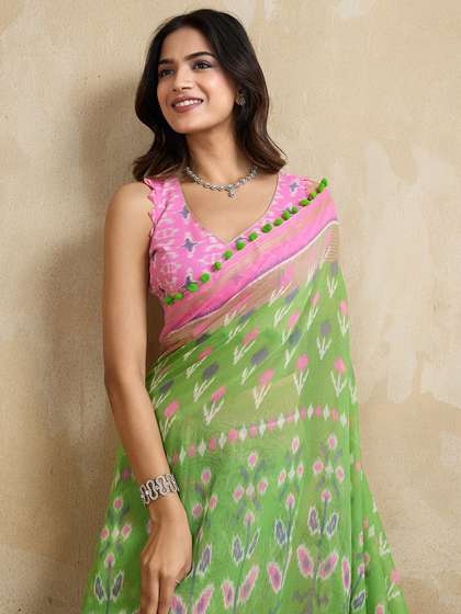 Satrani Ethnic
                        Motifs Printed Ikat Saree