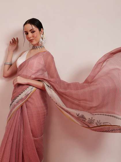Silk Land Striped
                        Digital Printed Zari Chanderi Saree