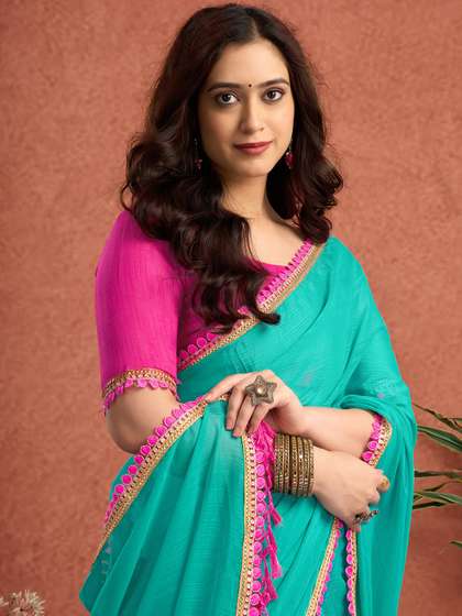 Sangria Solid
                        Printed Embellished Border Saree With Unstitched
                        Blouse Piece