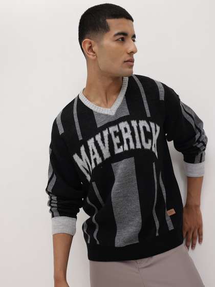 The Roadster Life
                        Co. Typography Self-Design V-Neck Acrylic
                        Pullover with Striped Detail