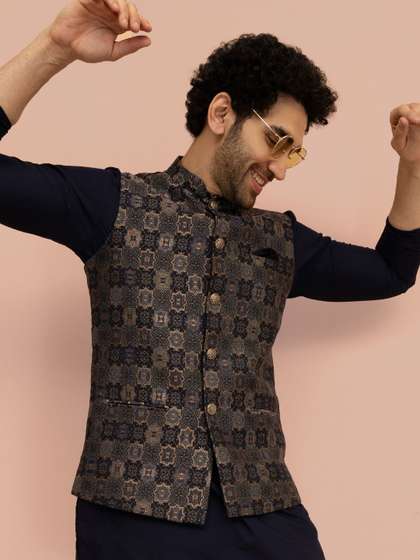 KISAH Men Navy Blue
                        Jacquard Geometric Nehru Jackets