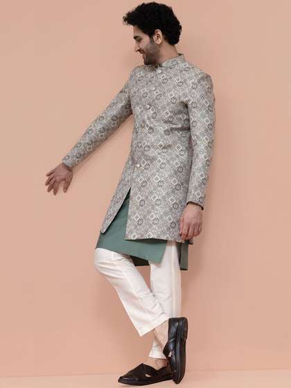 KISAH Men Off White
                        Geometric Kurta Indo-western Sherwani Trouser
                        Set