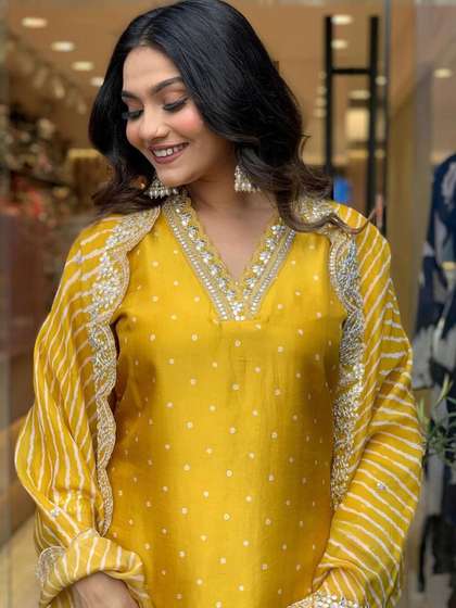 Royal Export
                        Bandhani Printed Gotta Patti Work Chanderi Kurta
                        With Trousers & Dupatta