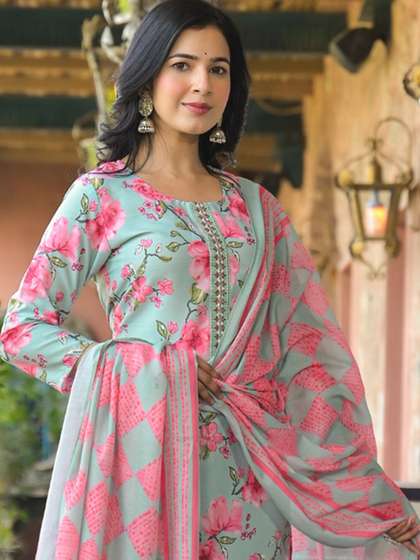 KALINI Floral
                        Printed Straight Kurta With Trouser And Dupatta