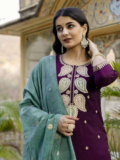 SANISA Women Ethnic
                        Motifs Embroidered Regular Pure Silk Kurta with
                        Palazzos & With Dupatta
