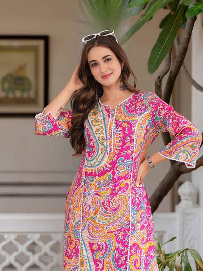 Royal Export Women
                        Floral Printed Thread Work Floral Kurta