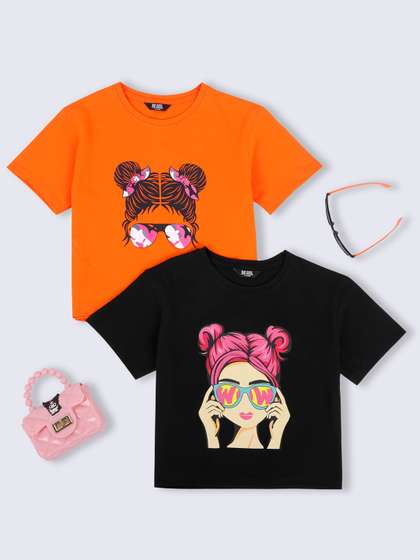 HERE&NOW Girls
                      Pack Of 2 Graphic Printed Boxy Pure Cotton
                      T-shirts