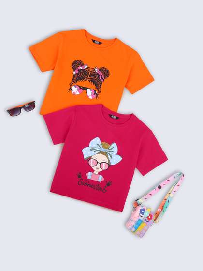 HERE&NOW Girls Pack
                    Of 2 Graphic Printed Boxy Pure Cotton T-shirts