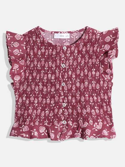 Mango Kids Girls
                      Ethnic Print Flutter Sleeve Smocked Crop Top