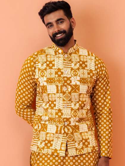 KISAH Men Mustard
                        Printed Nehru Jacket