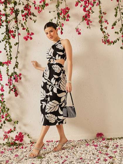 STREET 9 Women
                        Floral Print Crepe Halter Neck Cut Outs A-Line
                        Midi Dress