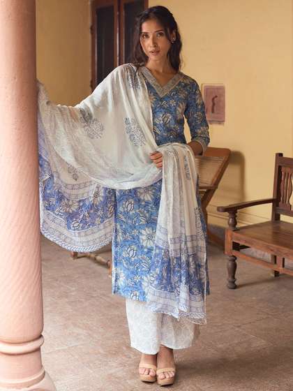 Libas Floral Printed
                        V-Neck Straight Kurta With Palazzos And Dupatta