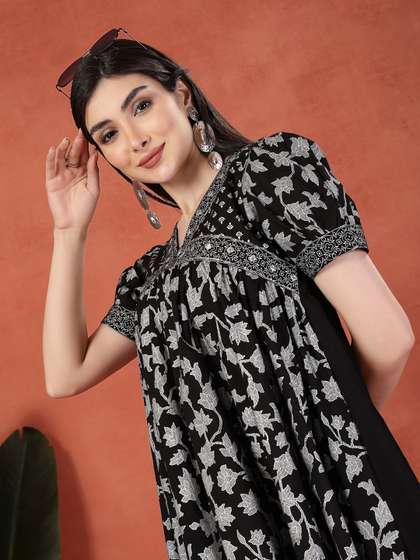 Sangria Printed
                        Cotton V Neck Empire Ethnic Dress