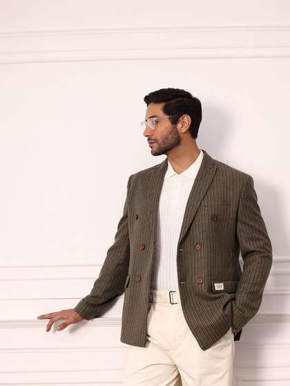Mr Bowerbird Striped
                        Notched Lapel Double-Breasted Twill Weave
                        Blazer