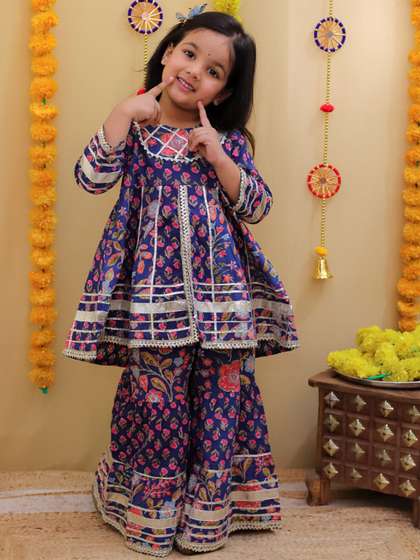 Superminis Girls Floral
                    Printed Cotton Kurti with Sharara