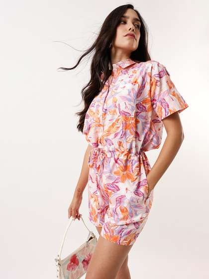 DL Woman Floral
                          Printed Shirt Collar Jumpsuit