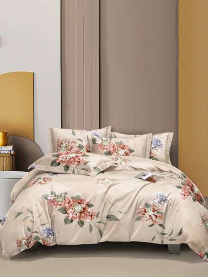 Aura Beige & Red Floral 350 TC King Fitted Bedsheet with 2 Pillow Covers