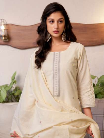 SANISA Floral Woven
                        Design Round Neck Straight Kurta With Trouser
                        And Dupatta