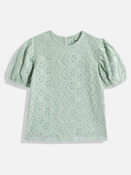 makemyfab Girls Floral
                    Puff Sleeves Schiffli Top