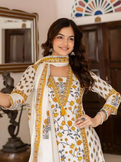 Anouk Floral
                          Printed Bagru Pure Cotton Kurta with Palazzos
                          & Dupatta