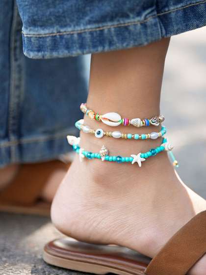 Rubans Set of 3
                        Adjustable Cord Anklets in Aqua & Multicolor
                        with Shell Beads & Evil Eye