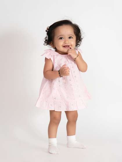 haus & kinder Girls
                    Self Design Embroidered Cotton Chifly Fit &
                    Flare Dress