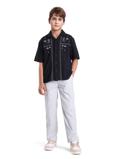 RARE ONES Boys
                      Embroidered Spread Collar Cotton Shirt