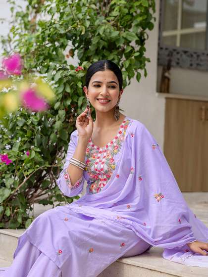 SANISA Floral
                        Embroidered Round Neck Sequinned Straight Kurta
                        With Trousers & Dupatta
