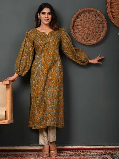 Rimeline Ethnic
                          Motifs Printed Round Neck Puff Sleeves Pure
                          Cotton Kurta