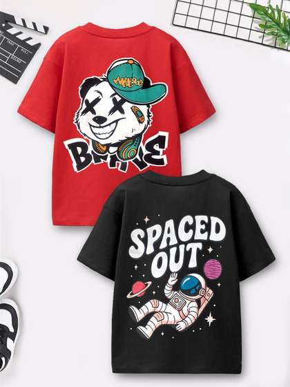 YK X Trampoline Kids
                    Pack of 2 Drop Shoulder Printed Cotton Oversized
                    T-Shirts