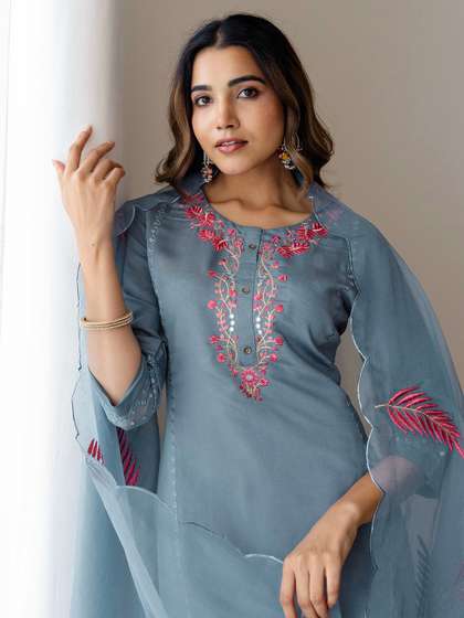 SANISA Floral
                        Embroidered Round Neck Thread Work Straight
                        Kurta With Trousers & Dupatta