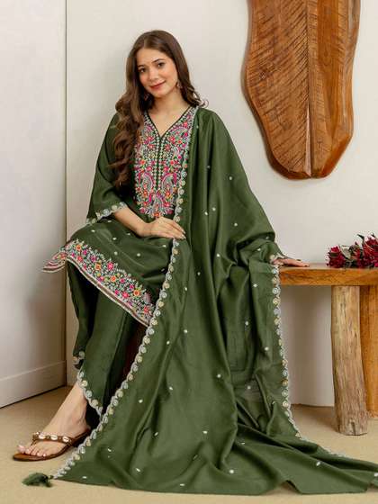 SANISA Ethnic Motifs
                        Embroidered V-Neck Sequinned Straight Kurta With
                        Trousers & Dupatta