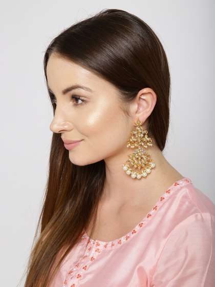 Earrings Earring For Women S Online In India Myntra Zaveri Pearls White Gold Plated Kundan Studded Clic Drop Earrings