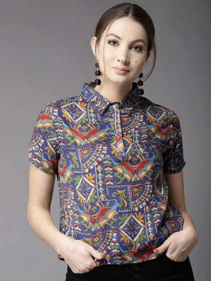 HERE&NOW Women Blue & Red Printed Shirt Style Top