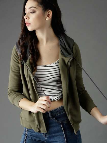 Roadster Women Olive
                        Green Solid Hooded Sweatshirt