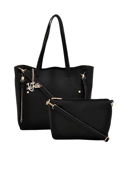 Handbags For Women Leather Designer Lafille Black Solid Set Of 2 Handbags