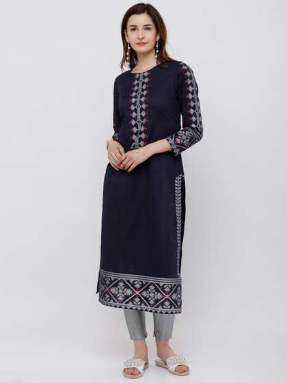 Vishudh Women Navy Blue Yoke Design Straight Kurta