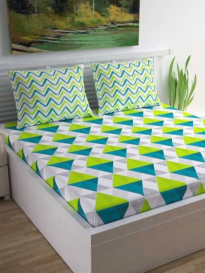 Divine Casa Lime Green & Grey Geometric Flat 144 TC Cotton 1  Queen Bedsheet with 2 Pillow Covers