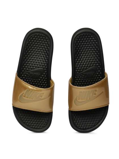 nike slippers gold logo