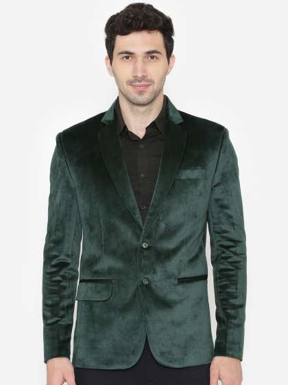 WINTAGE Men Green Solid Single-Breasted Velvet Blazer