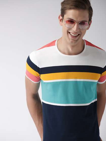 Mast & Harbour Mast Harbour Men Multicoloured Striped Round Neck Cotton T-shirt