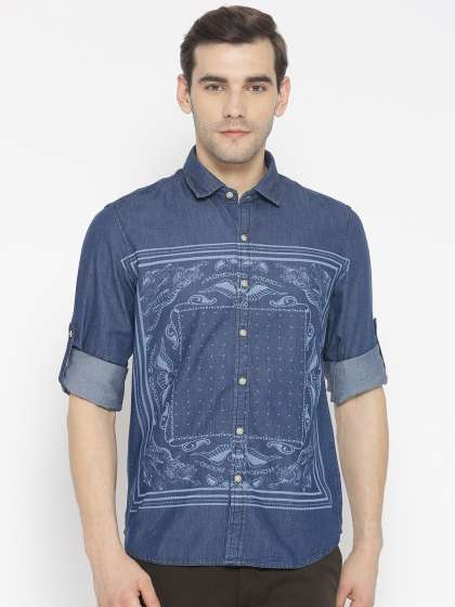 New Mens Denim Shirts Long Sleeve Western Stylish Black Dark Blue Light Blue